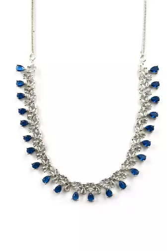 Sleek delicate silver plated blue american diamond and cubic zirconia necklace set