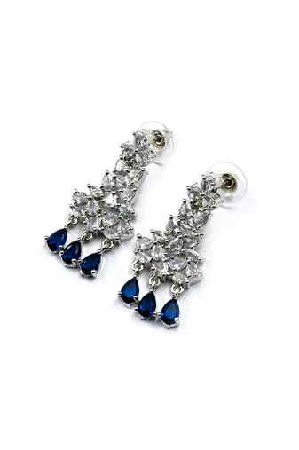 Sleek delicate silver plated blue american diamond and cubic zirconia necklace set