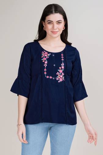  navy blue pure viscose rayon floral embroidered a-line top