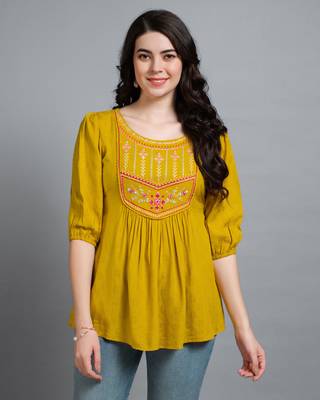  mustard pure viscose rayon floral embroidered a-line top 1