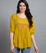  mustard pure viscose rayon floral embroidered a-line top