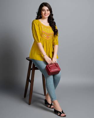  mustard pure viscose rayon floral embroidered a-line top 2