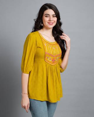  mustard pure viscose rayon floral embroidered a-line top 3
