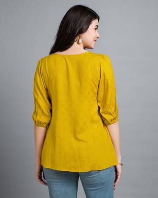  mustard pure viscose rayon floral embroidered a-line top 4