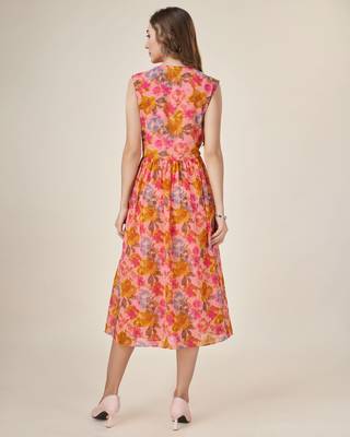  peach georgette floral printed wrap dress with ruffles 4