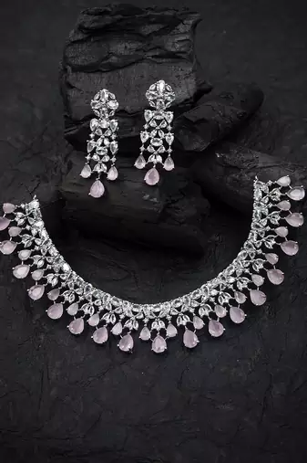 Elegant silver plated pink cubic zirconia party wear fusion necklace set