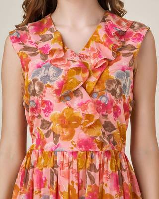  peach georgette floral printed wrap dress with ruffles 5