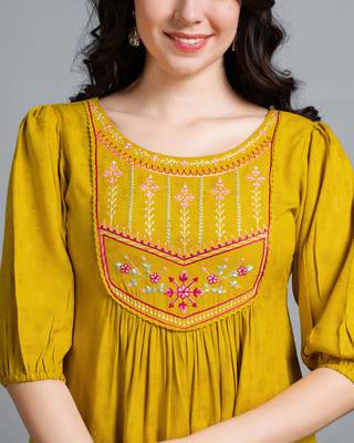  mustard pure viscose rayon floral embroidered a-line top 5