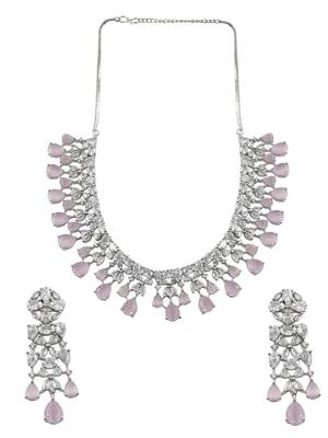 Elegant silver plated pink cubic zirconia party wear fusion necklace set 3