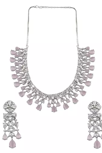 Elegant silver plated pink cubic zirconia party wear fusion necklace set