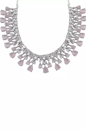 Elegant silver plated pink cubic zirconia party wear fusion necklace set