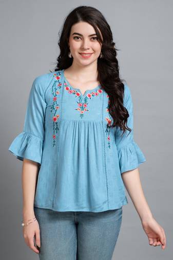  turquoise pure viscose rayon floral embroidered a-line top