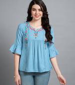  turquoise pure viscose rayon floral embroidered a-line top