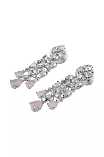 Elegant silver plated pink cubic zirconia party wear fusion necklace set