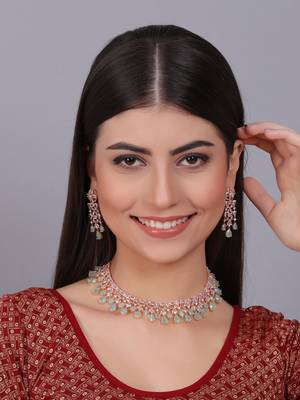 Elegant rose gold plated mint cubic zirconia party wear fusion necklace set 1