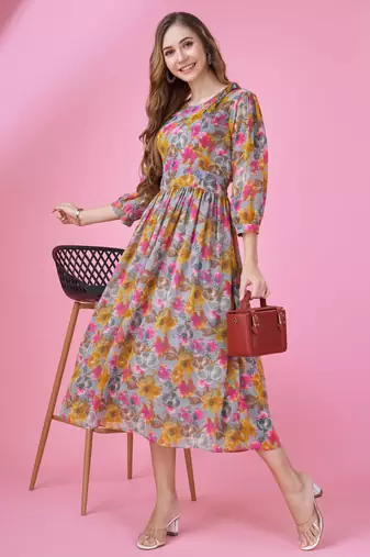  grey georgette abstract printed fit and flare dress with ruffles