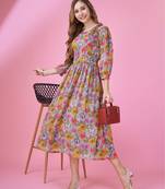  grey georgette abstract printed fit and flare dress with ruffles