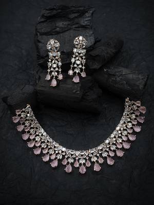 Elegant rose gold plated pink cubic zirconia party wear fusion necklace set 2