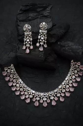 Elegant rose gold plated pink cubic zirconia party wear fusion necklace set