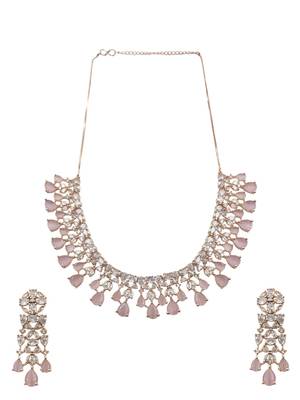 Elegant rose gold plated pink cubic zirconia party wear fusion necklace set 3