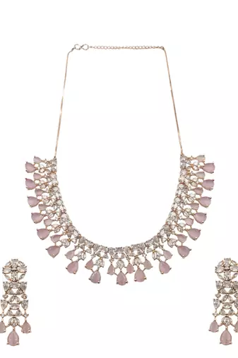 Elegant rose gold plated pink cubic zirconia party wear fusion necklace set