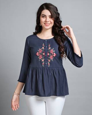  navy blue pure viscose rayon floral embroidered peplum top 1