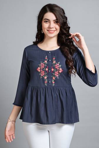  navy blue pure viscose rayon floral embroidered peplum top