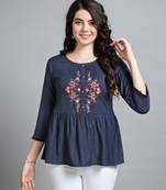  navy blue pure viscose rayon floral embroidered peplum top