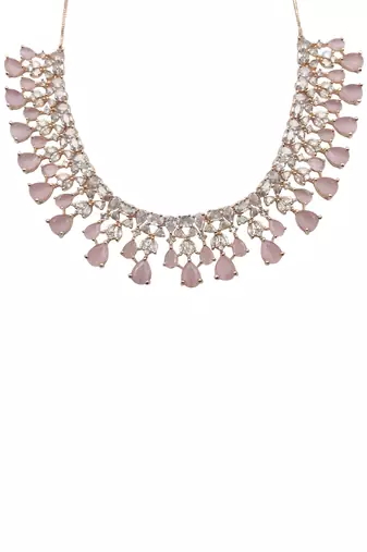 Elegant rose gold plated pink cubic zirconia party wear fusion necklace set