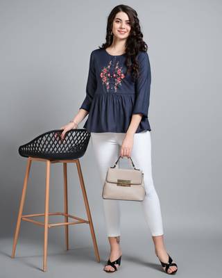  navy blue pure viscose rayon floral embroidered peplum top 2