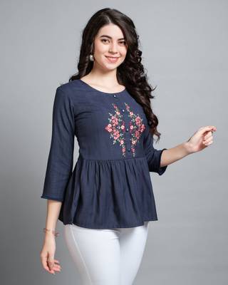  navy blue pure viscose rayon floral embroidered peplum top 3