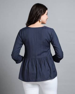  navy blue pure viscose rayon floral embroidered peplum top 4