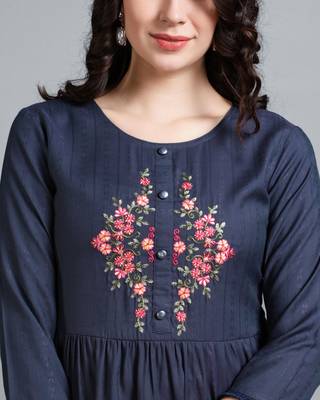  navy blue pure viscose rayon floral embroidered peplum top 5