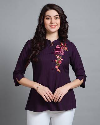  wine pure viscose rayon floral embroidered a-line top 1