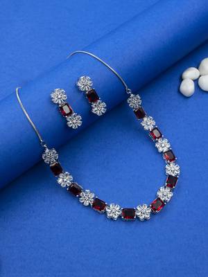 Silver plated red square cz necklace set 2