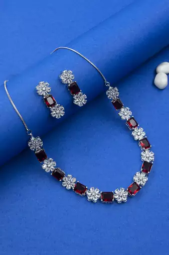 Silver plated red square cz necklace set