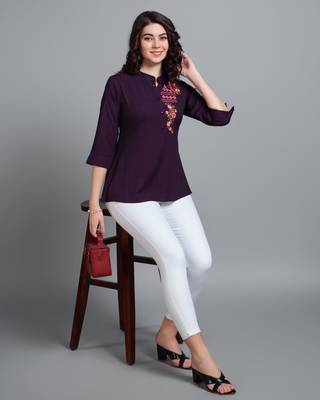  wine pure viscose rayon floral embroidered a-line top 2