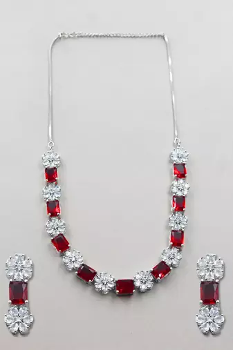 Silver plated red square cz necklace set