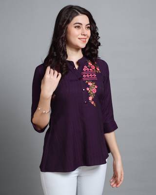  wine pure viscose rayon floral embroidered a-line top 3
