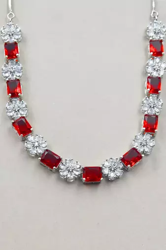 Silver plated red square cz necklace set