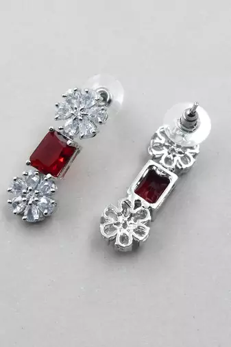 Silver plated red square cz necklace set