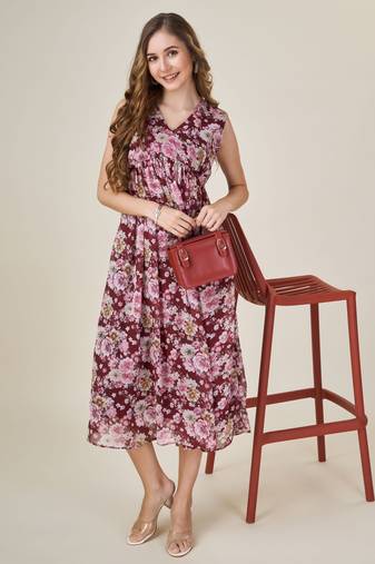  burgundy georgette floral printed empire dress