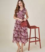  burgundy georgette floral printed empire dress