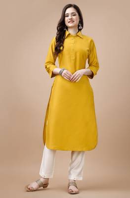  mustard chinon silk solid calf length straight pathani kurta 1