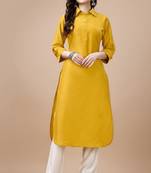  mustard chinon silk solid calf length straight pathani kurta