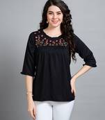Mojilaa women's black pure viscose rayon floral embroidered a-line top