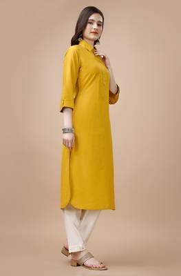  mustard chinon silk solid calf length straight pathani kurta 2