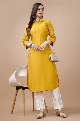 mustard chinon silk solid calf length straight pathani kurta 3