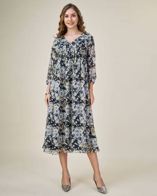  black georgette floral printed empire dress with ruffles 2