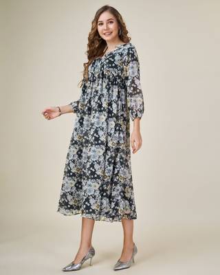  black georgette floral printed empire dress with ruffles 3